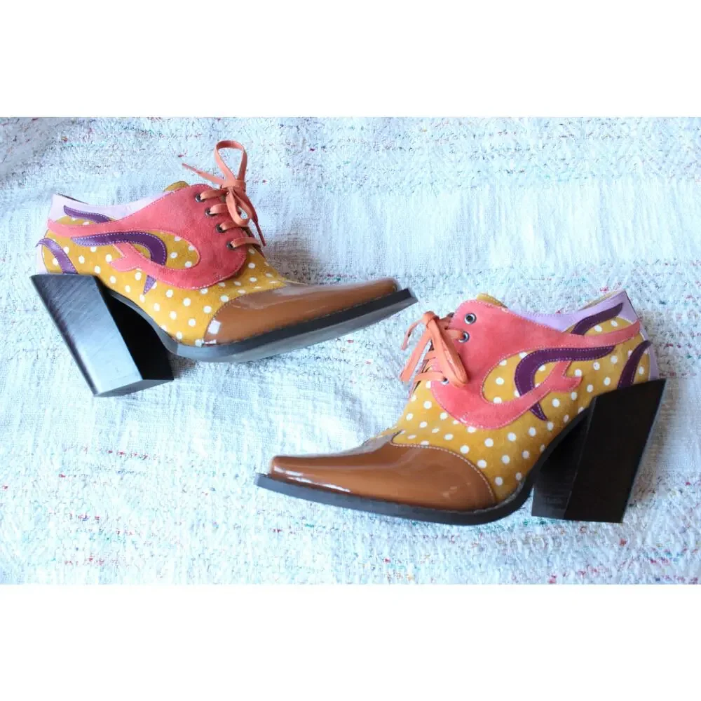 John Fluevog Dali Orange Contrast Western Lace Up Suede Heeled Shoes M10/W12